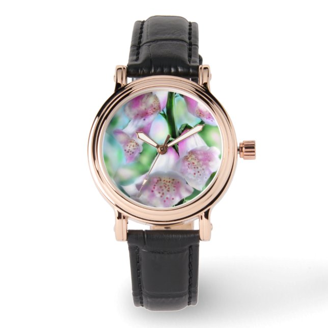 Reloj De Pulsera Flor Foxglove Flor Flor Púrpura Verde Blanco Rosa (Anverso)