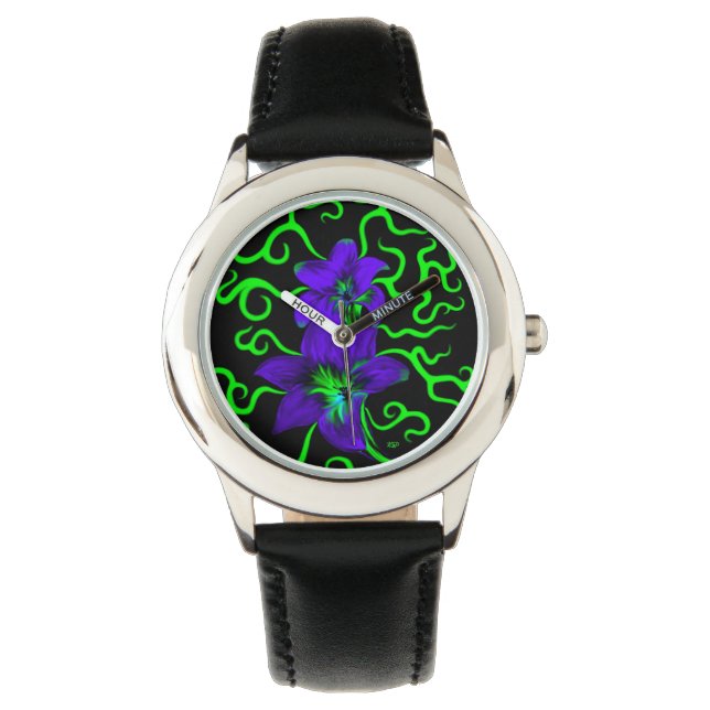 Reloj De Pulsera Flor morada lirio en negro (Anverso)
