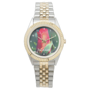 Reloj De Pulsera Flor roja de rosebud amarillo resaltado personaliz