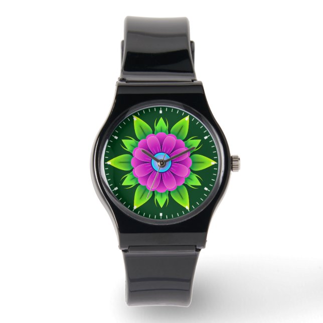 Reloj De Pulsera Flor Rosa con Hojas Verdes-23856 (Anverso)