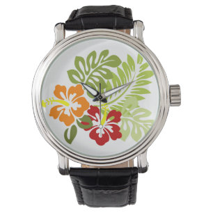 Reloj De Pulsera Flor Tropical Deja Al Naranja Rojo Hibiscus Hawaii