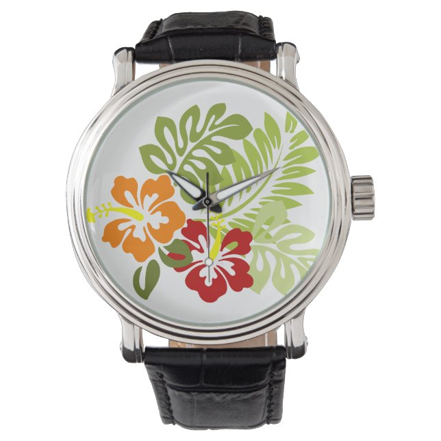 Reloj De Pulsera Flor Tropical Deja Al Naranja Rojo Hibiscus Hawaii (Anverso)