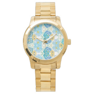 Reloj De Pulsera Floral Acuarela Azul y Amarillo