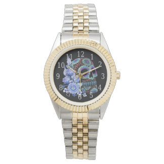 Reloj De Pulsera Floral Azul Floral Black Sugar Skull Day Of The De