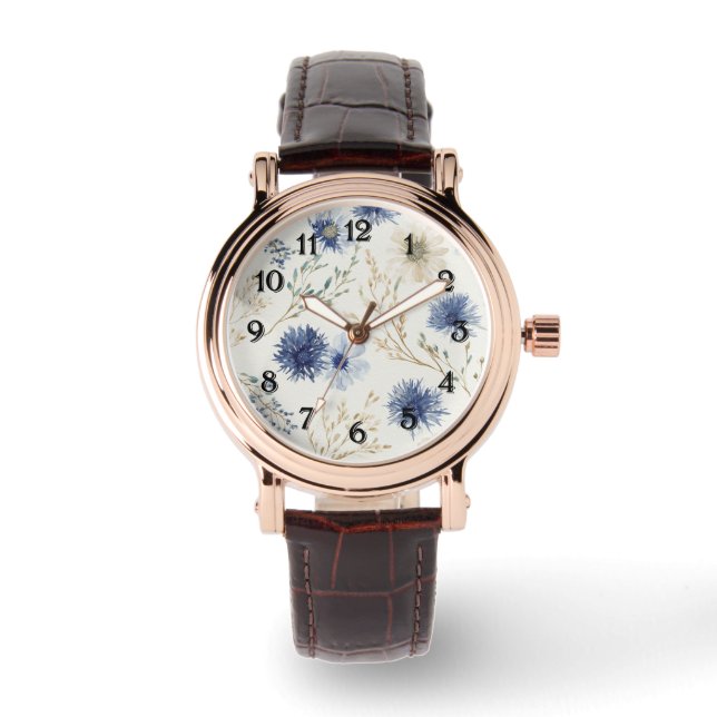 Reloj De Pulsera Floral Blanco Azul   (Anverso)