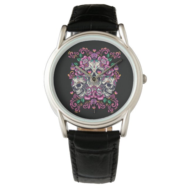 Reloj De Pulsera Floral de calavera, acuarela de esqueleto rosa, Ha (Anverso)