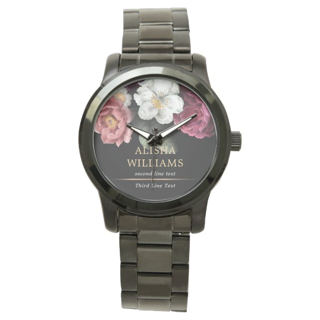 Reloj De Pulsera Floral de lujo negro personalizada (Anverso)
