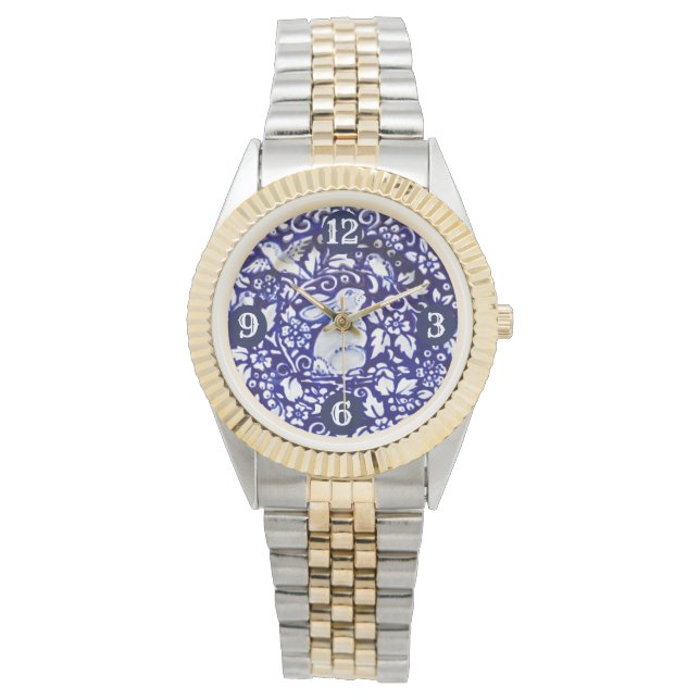 Reloj De Pulsera Floral de pájaro de conejo azul y blanco (Anverso)