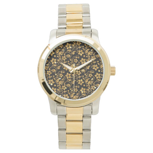Reloj De Pulsera Floral dorada negra (Anverso)