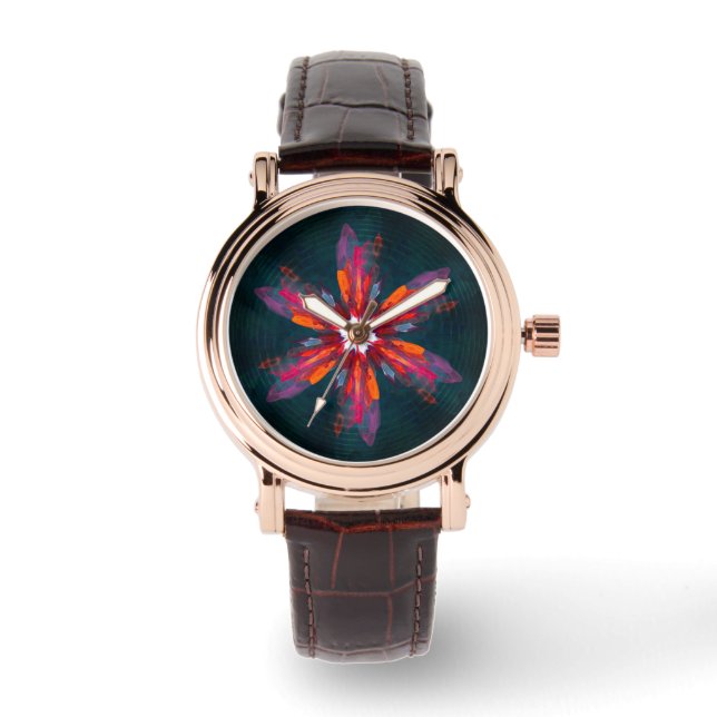 Reloj De Pulsera Floral Mandala Flores Naranja Azul Rojo Resumen (Anverso)