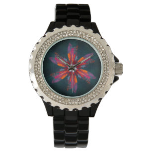 Reloj De Pulsera Floral Mandala Flores Naranja Azul Rojo Resumen