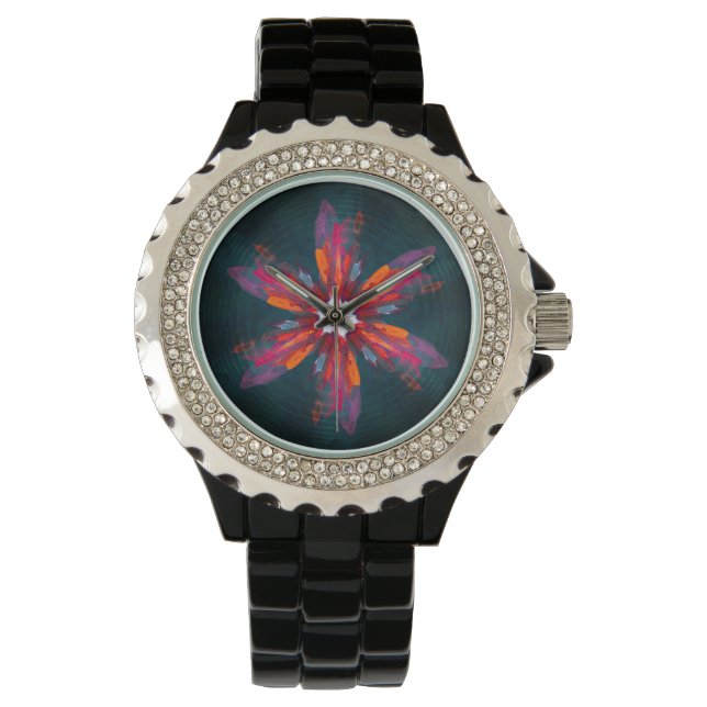 Reloj De Pulsera Floral Mandala Flores Naranja Azul Rojo Resumen (Anverso)