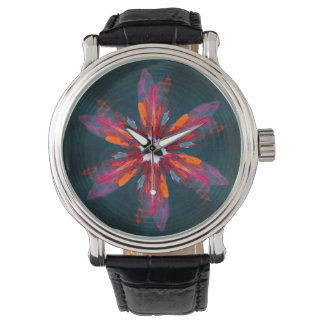 Reloj De Pulsera Floral Mandala Flores Naranja Azul Rojo Resumen