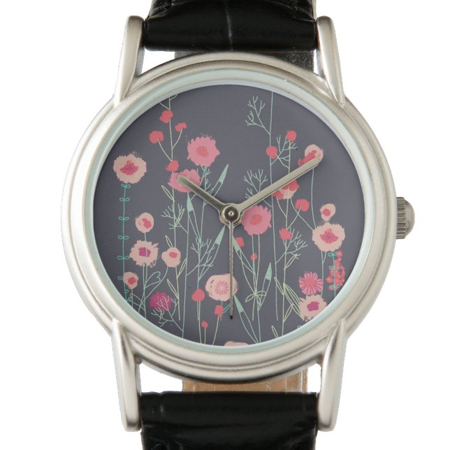 Reloj De Pulsera Floral oscuro (Wildflower painting pink and gray art watch)