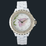 Reloj De Pulsera *~* Floral Peony Watercolor Lavanda rosa popular<br><div class="desc">* Una lavanda encantadora y rosa sobre un fondo blanco resplandeciente. Este diseño es una impresionante flor de color agua muy bonito adornando la cara de este reloj de mujeres. * La correa es blanca y está hecha de esmalte fuerte y robusto. Hay diamantes de imitación brillantes que le dan...</div>
