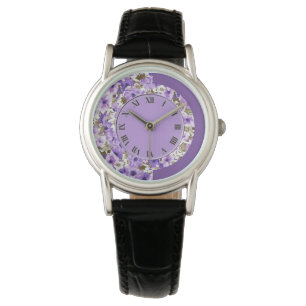 Reloj de pulsera floral púrpura y blanca de bonito