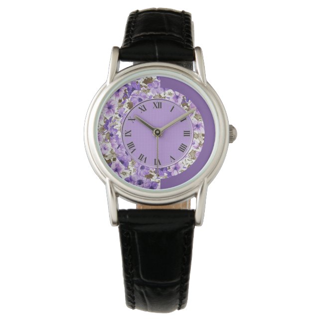 Reloj de pulsera floral púrpura y blanca de bonito (Anverso)