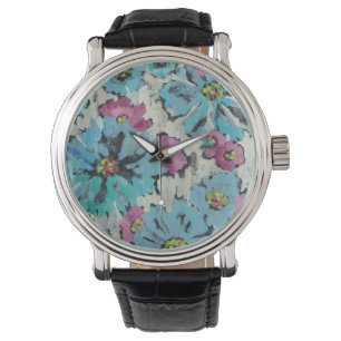 Reloj De Pulsera Floral rosado y azul gráfico