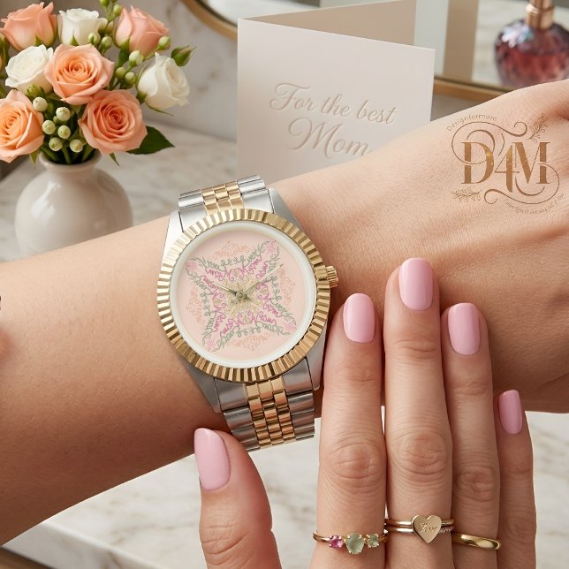 Reloj De Pulsera Floral Suave melocotón caleidoscópico Script Mejor (Subido por el creador)