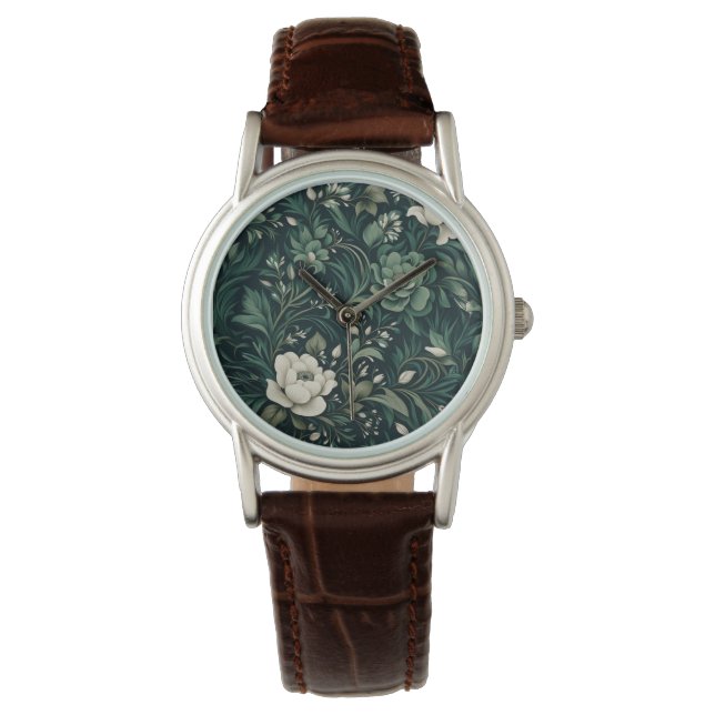 Reloj De Pulsera Floral Verde Esmeralda Oscuro (Anverso)