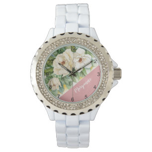 Reloj De Pulsera Floral White Magnolia Añadir nombre de escritura