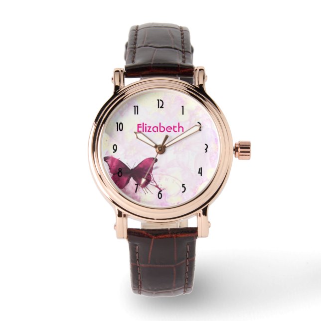 Reloj De Pulsera Flores acuarelas con mariposa personalizada (Anverso)