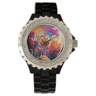 Reloj De Pulsera Flores azules rojas Naranja de arte Abstracto flor