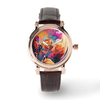 Reloj De Pulsera Flores azules rojas Naranja de arte Abstracto flor
