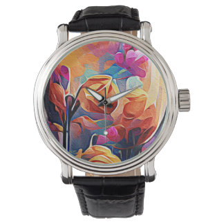 Reloj De Pulsera Flores azules rojas Naranja de arte Abstracto flor