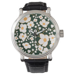 Reloj De Pulsera Flores blancas centradas en el amarillo y fondo ve
