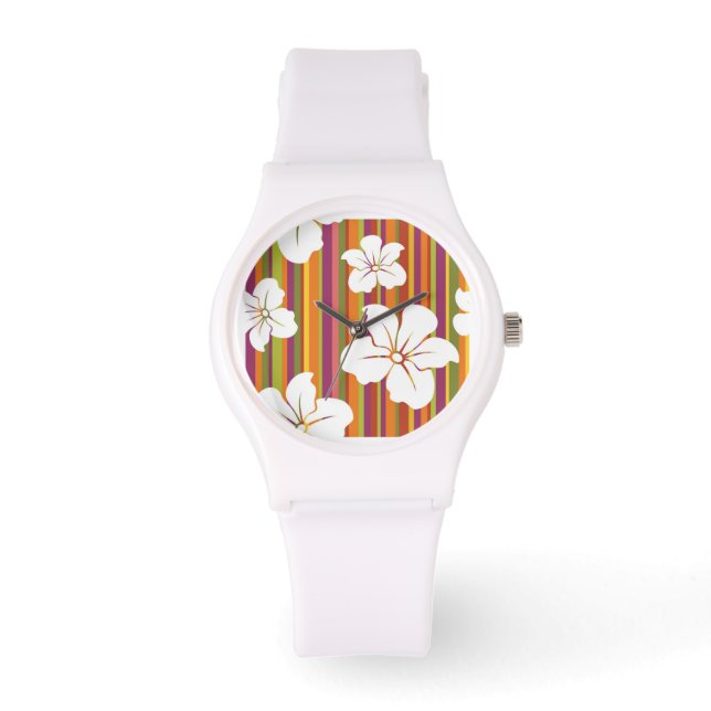 Reloj De Pulsera Flores blancas en un fondo rayado (Anverso)