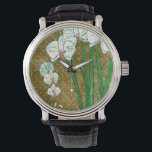 Reloj De Pulsera Flores blancas y estrellas verdes en la frontera m<br><div class="desc">Las flores blancas cuelgan de los tallos verdes en esta pieza de Chariklia Zarris. Un cuadro sencillo pero elegante,  situado sobre un fondo de color marrón y rodeado por un borde marrón. ¡Añádalo a tu casa y disfruta de la belleza!</div>