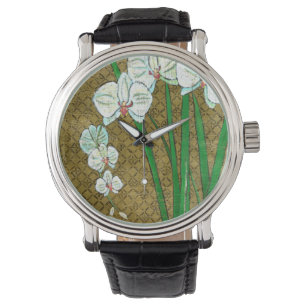 Reloj De Pulsera Flores blancas y estrellas verdes en la frontera m