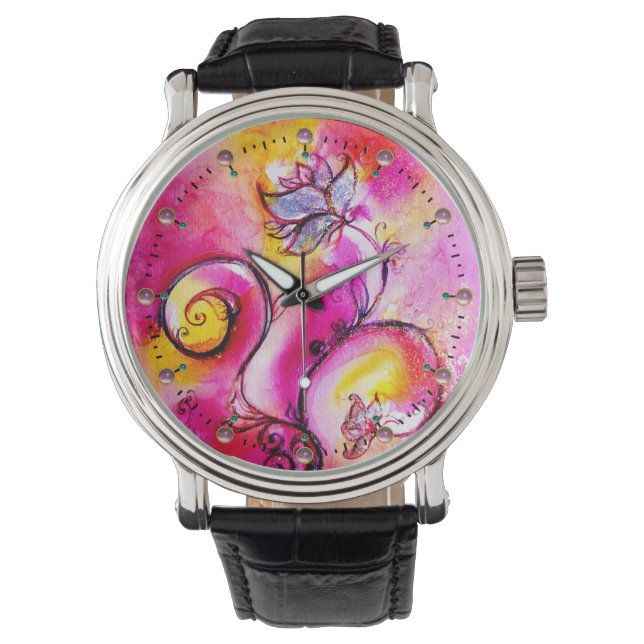 RELOJ DE PULSERA FLORES BLANCOS AMARILLOS DE FUCHSIA ROSA (Anverso)