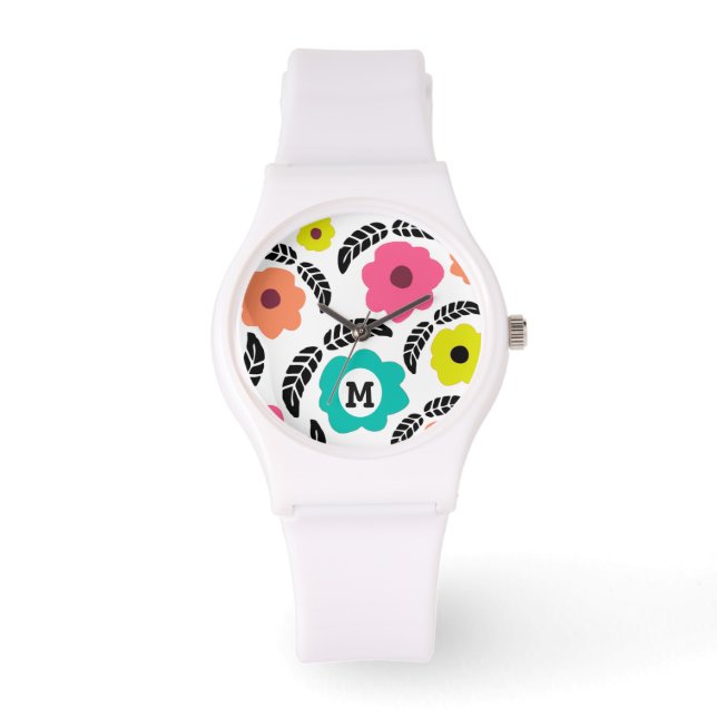 Reloj De Pulsera Flores brillantes modernas y monograma de hojas ne (Anverso)