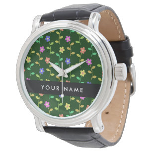 Reloj De Pulsera Flores Coloridas, Fondo Verde, Negro