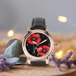 Reloj De Pulsera Flores de adormidera roja en negro personalizado