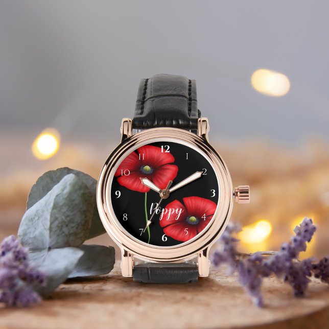 Reloj De Pulsera Flores de adormidera roja en negro personalizado (Add your  name to this pretty poppy watch)