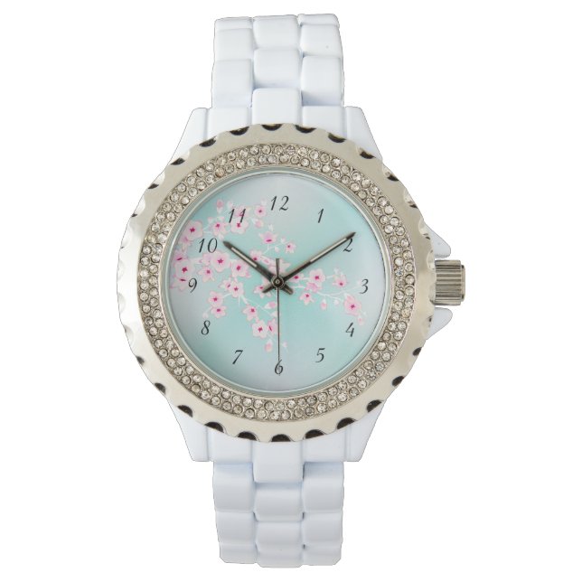 Reloj De Pulsera Flores de cerezo Purpurina turquesa (Anverso)
