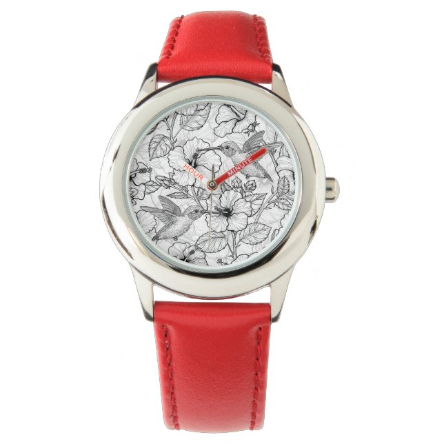 Reloj De Pulsera Flores de colibrí y de hibisco b&p (Anverso)