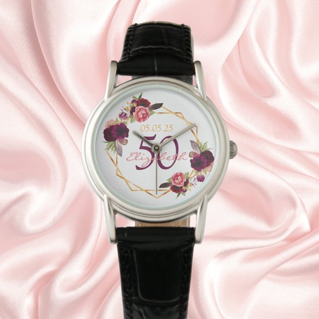 Reloj De Pulsera Flores de cumpleaños nombre burdeos geométrico bla (Subido por el creador)