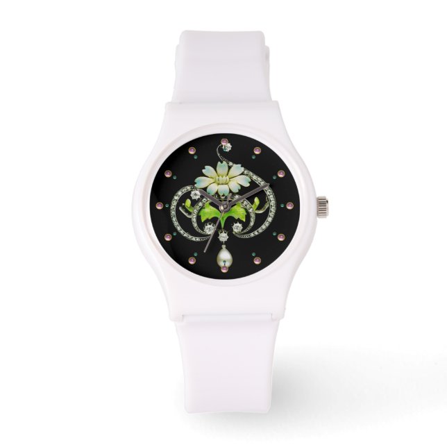 RELOJ DE PULSERA FLORES DE ENAMEL BLANCO IMPRESO, PERLAS Y DIAMANTE (Anverso)