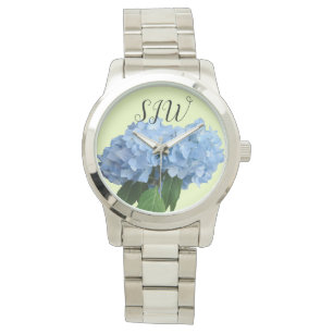 Reloj De Pulsera Flores De Hidrangea Azul Mujeres Monogramadas