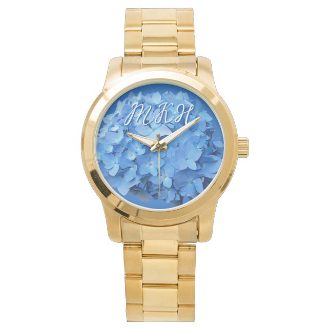 Reloj De Pulsera Flores de Hortensia Azules Monogramadas (Anverso)