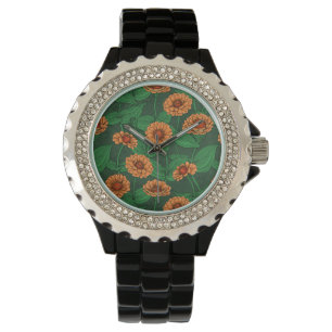 Reloj De Pulsera flores de la zinnia naranja, hojas verdes sobre ve