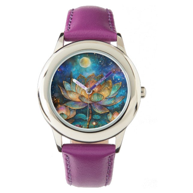 Reloj De Pulsera Flores de Lotus de vidrio manchado en la luna (Anverso)