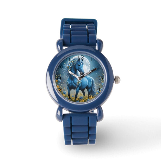 Reloj De Pulsera Flores de luna de caballo mágico azul, (Anverso)