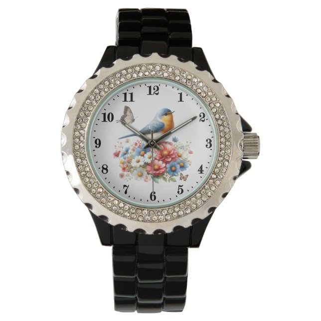 Reloj De Pulsera Flores de pájaro picado mariposa (Anverso)