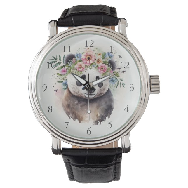 Reloj De Pulsera Flores de Panda Acuarela              (Anverso)