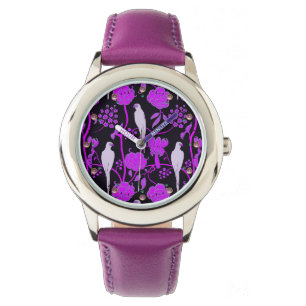 RELOJ DE PULSERA FLORES DE PURPLE ART DECO, PARROS BLANCOS EN NEGRO